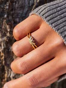 1pc Gold Vintage Minimalist Elegant Line Twisted Knotted Rhinestone Adjustable Ring, Suitable For Women's Daily Commute, Holiday, Gift - Gold - View 6