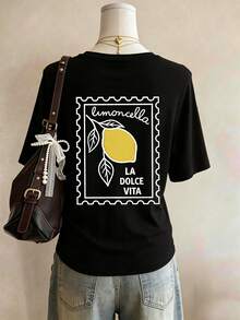 Women's Summer Italian Style Lemon Print T-Shirt, Minimalist Artistic Style, Round Neck Short Sleeve, Loose , Plus Size Women's Top Casual Black - Black - View 11