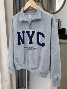 Set 2 pcs Sweatshirt Setengah Resleting dan Celana Panjang Lebar untuk Wanita Muda dan Anak Perempuan, Sweatshirt Kerah Tegak Longgar dengan Cetakan Huruf Inggris dan Celana Panjang Lebar Longgar, Cocok untuk Pakaian Sehari-hari Musim Gugur/Dingin - MultiWarna - View 7