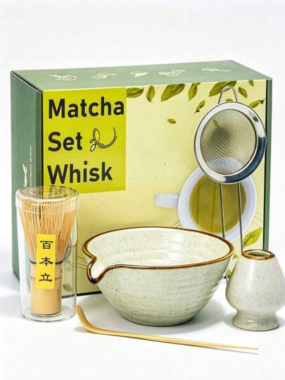 1 pièce/6 pièces Ensemble classique de fouet à matcha en céramique japonaise, ensemble de 6 petits bols blancs rayés, ensemble à thé, ensemble complet d'outils à matcha, outils à matcha complets, ensemble à matcha, ensemble de fouet à matcha, outils à matcha, matcha, assiette à matcha, outils à matcha, tasse, produits liés au matcha, comprenant bol à matcha, fouet à matcha, tasse à matcha