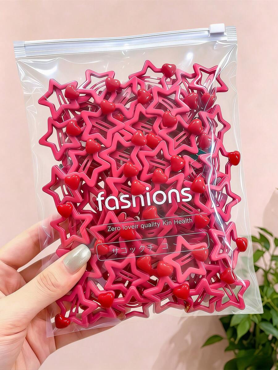 10/20pcs/Set Red Heart & Star Hair Clips, Sweet Hair Accessories - Suitable For Women And Girls, Perfect For Daily Wear, Travel, Party, Date - Multicolor - View 1