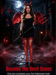 9pcs/Devil Costume Set, Women's Devil Queen Accessories, Halloween Devil Party Props, Red Devil Horn Headband, Bat Wings, Devil Trident, Heart-Shaped Collar, Red Long Leg Fishnet Stockings, Halloween Cosplay Outfit, Carnival Costume Supplies - Multicolor - View 2