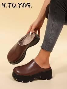 Daily Versatile One-Strap Mary Jane Mule Shoes, Rivet Platform Thick Sole Closed Toe Backless Half-Slip For Women - Brown - View 3
