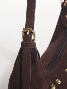 1pc Brown Textured Velvet Crescent Bag With Rivet Embellishment, Baguette Underarm Shoulder Bag For Women, Suitable For Commuting, Dating And Shopping - Coffee - View 5