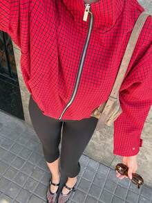 Women's Red Plaid Zipper Casual Jacket, Autumn Street Style Outerwear - Red - View 5