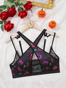1pc Halloween Pumpkin Print Women's Lace Patchwork Wireless Bra - Black - View 6