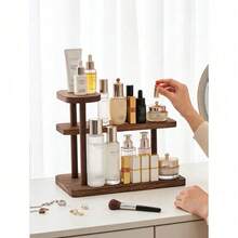 1pc Vintage Wooden Desktop Perfume & Cosmetics Storage Rack, Retro Solid Wood Makeup Organizer, Multi-Tier Display Shelf, Skincare Products Storage Rack, Suitable For All Seasons - Brown - View 4