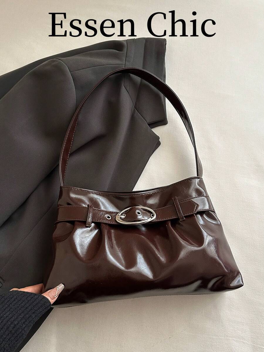 1 buah Tas Tote Wanita Kapasitas Besar Warna Solid PU dengan Tali Gesper Cokelat Kopi, Tas Bahu Wanita