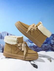 1 Pair Girls' High-Top Lace-Up Snow Boots, Thick Fleece Lining, Anti-Slip, Khaki Color, Warm Winter Boots - Camel - View 2