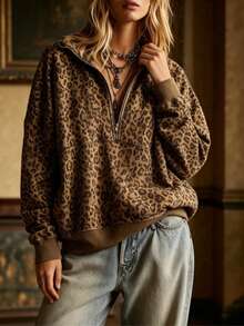 Áo len dệt kim nữ tay dài, kiểu pullover nửa khóa kéo, họa tiết da báo, phong cách thường ngày - Màu Khaki - Xem 4