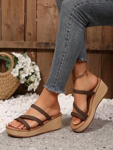Spring/Summer New Vintage Classic Wedge Heel Thick Sole Sandals For Women, Casual Comfortable Open Toe Outdoor Wear - Coffee - View 3