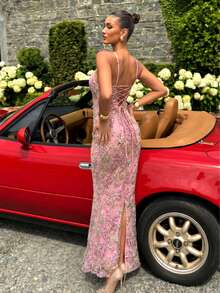 UNITHORSE [Random Cut] Spaghetti Strap Waist-Cinched Backless Tie-Up Sequin Elegant Evening Gown - Pink - View 2