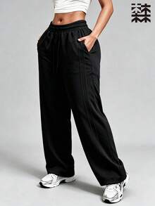 mulinsen Women Athletic Straight Leg Sweatpants,Elastic Drawstring Waist Side Seam Stitching Loose Fit Side Pockets,Workout Daily Street Outdoor Wear - Black - View 6