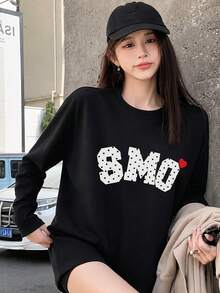 Kaos Lengan Panjang Wanita Model Longgar Serbaguna dengan Motif Huruf, Warna Hitam, Gaya Kasual untuk Musim Semi/Gugur - Hitam - View 3
