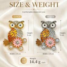 Retro Enamel Owl Lapel Pin, Rhinestone Pearl Flower Inlaid Animal Brooch, Two‑Tone Elegant Accessory For Women Daily Outfit - Multicolor - View 3