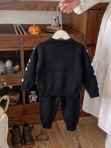 2pcs/Set Cute Halloween Skeleton Pattern Crew Neck Long Sleeve Knit Pullover Sweater And Knit Long Pants For Baby Boys, Suitable For Halloween, Casual Wear, Spring, Autumn, Winter - Black - View 5