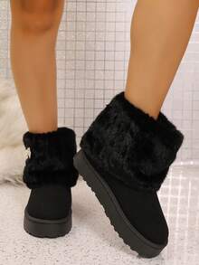 Women's Solid Color Plush Fur Trim Snow Boots, White Pearl Decor Buckle Strap Thick Sole Ankle Boots - Black - View 4