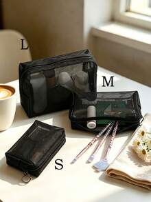 Black Mesh Makeup Bag Set 3 Sizes S/M/L, Portable Travel Cosmetic Storage Bag, Transparent Visible Toiletry Organizer, Suitable For Women - Black - View 9