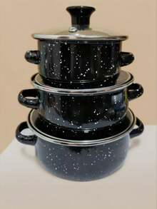 3 Pieces Multi-Function Enamel Cookware Set, Lightweight And Portable, With Glass Lids, Includes Soup Pot, Stew Pot And Non-Stick Pan, Easy To Clean, Suitable For Gas Stoves And Induction Cooktops, Durable, Essential For Home And Restaurant Kitchens - Multicolor Soup Pot - View 8