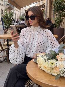 Plus Size Women's Pure White Polka Dot Elegant Chiffon Stand Collar Loose Tie Back Blouse, Suitable For Vacation Beach Spring Autumn - White - View 2
