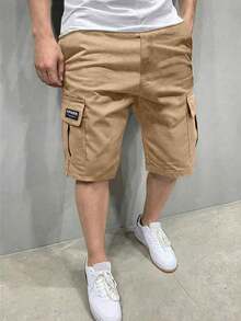 [2pcs Random]2pcs Boys' Casual Summer Sports Outdoor Pocket Fashion English Woven Label Cargo Shorts, Spring/Autumn - Khaki - View 2