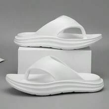 Men's White Thick Sole Flip Flops, Beach Vacation Seaside Slip-On Outdoor Walking Casual Sandals, Comfortable Summer Toe-Post Slippers, Fashion Open-Toe Slides, Unisex - White - View 3