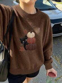 Women's Round Neck Sweater, Faux Knit Swan Print, Autumn/Winter Fashion Style - Dark Ochre - View 5
