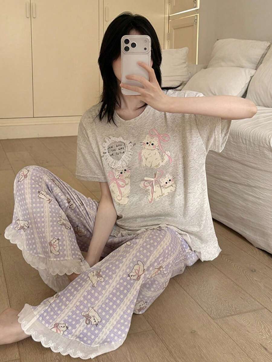 2pcs/Set Women's Pajamas Loungewear Set, Cute Animal Print Pullover Round Neck Short Sleeve Cropped Pants Lace Patchwork Comfortable For Home Wear - Light Grey - View 1