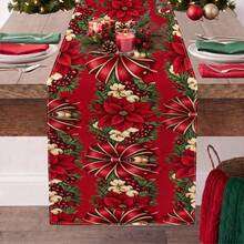 1pc Christmas Red Berry & Pine Branch Print Table Runner, Suitable For Holiday, Party, Birthday, Dinner, Restaurant Table Decor, Christmas Home Decoration - Multicolor - View 10