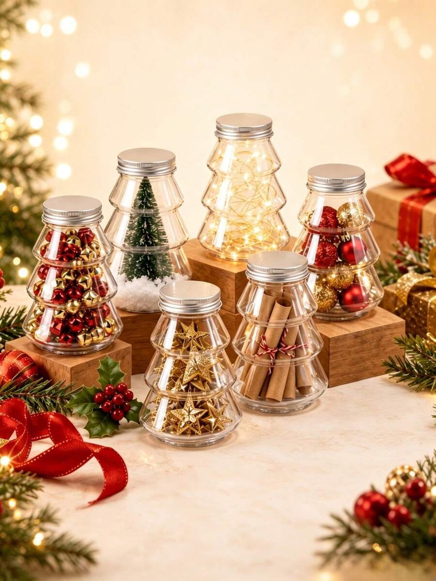 5pcs/Set Botol Bening Berbentuk Pohon Natal, Wadah Hadiah Liburan, Cocok untuk Dekorasi Natal, Dekorasi Meja Thanksgiving, Suvenir Pesta, dan Dekorasi Rumah - Clear - View 1
