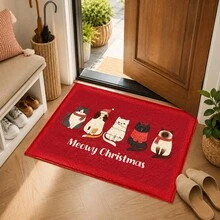 1pc Christmas Cat Pattern Printed Faux Cashmere Kitchen Mat, Christmas, Can Be Used As Christmas Gift, Christmas Decoration, Absorbent Kitchen Floor Mat, Kitchen Rug, Long Strip Foot Mat, Sink Front Mat, Suitable For Kitchen, Bathroom, Entryway, Hallway, Laundry Room And Home Decor - Multicolor - View 7