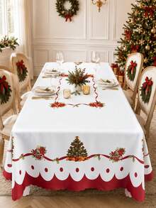 1pc Red Christmas Tablecloth, Floral And Bow Design, Rectangular Christmas Dining Tablecloth, Suitable For Holiday Parties, Kitchen And Home Decor - Multicolor - View 10