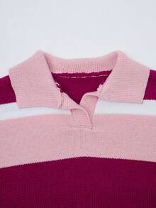 Sweater Polo Lengan Panjang Bergaris Warna Blok untuk Anak Perempuan, Atasan Rajut Pendek Serbaguna Baru untuk Musim Gugur/Dingin - MultiWarna - View 3