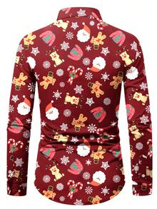 Men's Christmas Long Sleeve Lapel Shirt - Red - View 2
