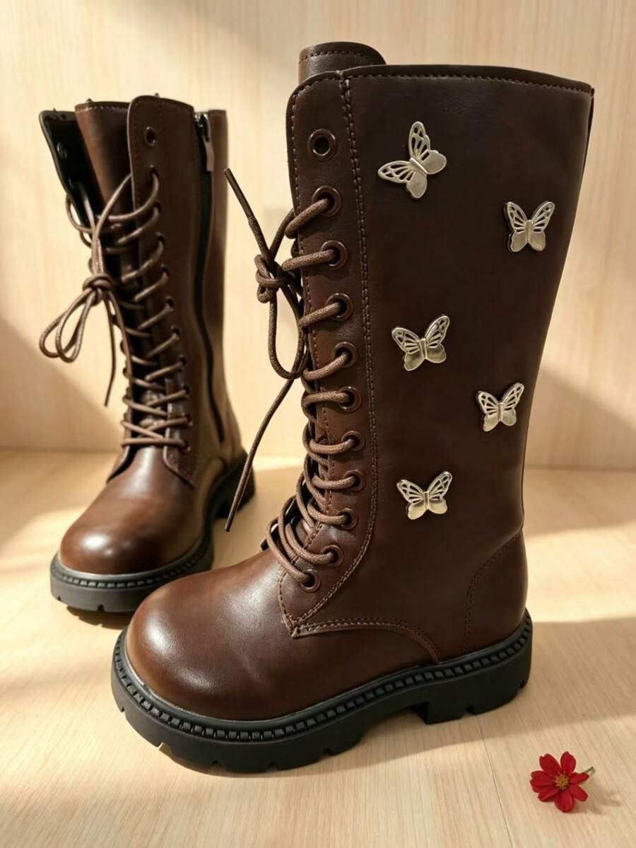 Order One Size Up, Refer To Size Chart. A Pair Of Butterfly High-Top Children's Boots, Non-Slip Rubber Sole, Wear-Resistant Soft, Easy To Put On And Take Off, Breathable, 3D Butterfly Design, Cute Princess Boots - Brown - View 1