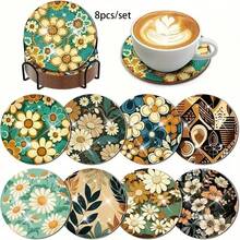 8pcs/Set Flower & Leaf Pattern Diamond Painting Diy Cup Coaster, With Ab Shaped Rhinestones & Cup Holder - Multicolor - View 6