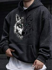 Men's Autumn/Winter American Street Style Wolf Head Pattern Hoodie With Drawstring - Black - View 1