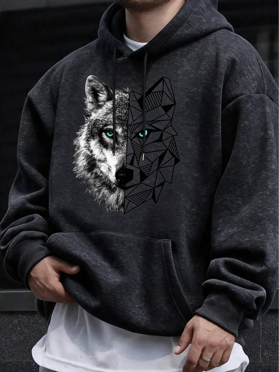 Men's Autumn/Winter American Street Style Wolf Head Pattern Hoodie With Drawstring - Black - View 1
