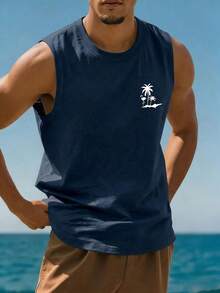 1pc Men's Casual Coconut Tree Print Round Neck Tank Top, Summer - Navy Blue - View 3