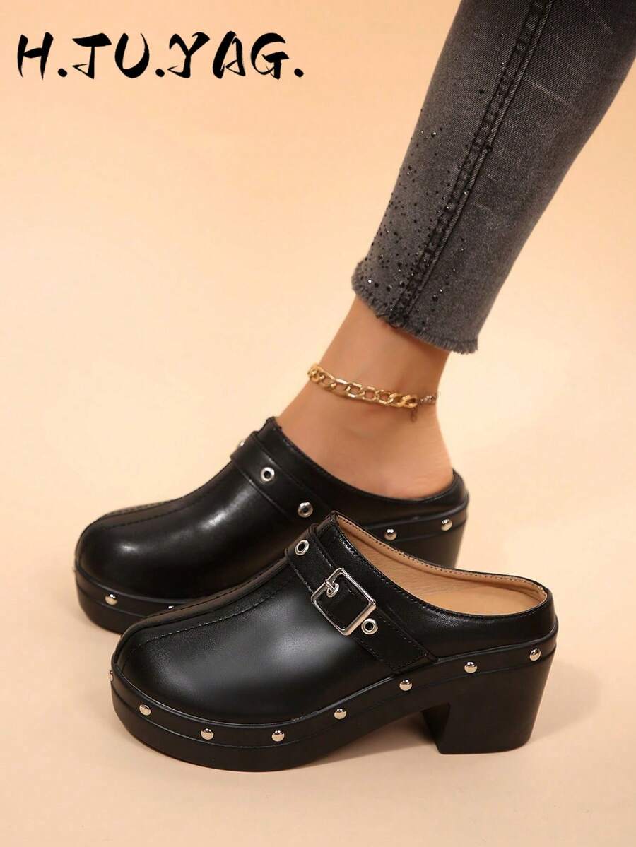 Solid Color Rivet Thick Sole Mule Slippers Women's Minimalist Closed Toe Backless Casual Slouchy Half-Sling High Heel Pumps - Black - View 1