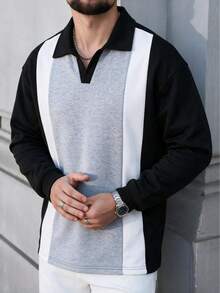 American Retro Men's Patchwork Polo Collar Sweatshirt, Vertical Stripe Colorblock Design, Loose Drop Shoulder, Daily Commute Long Sleeve Top - Black - View 8