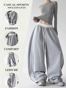 Women's Fashion New Contrast Color Design Side Stripe Drawstring Pocket Wide Leg Sweatpants, Loose Casual Straight Leg Pants For Daily Wear, Dance, Running, All Seasons - Light Grey - View 7