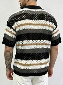 Men's Striped Short Sleeve Hollow Out Casual Knit Top - Black and White - View 2