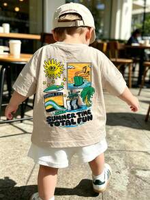 Baby Boy Summer T-Shirt "Summer Fun Time" Beach Surfing Print White Short Sleeve Casual Top, Comfortable Breathable Infant Tee - Apricot - View 2