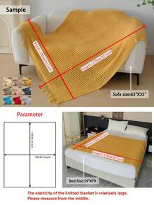 1pc Retro Style Solid Color Knitted Blanket With Tassels, Soft & Warm Sofa Cover, Season Bedspread, Home Decor Accessory For Living Room And Bedroom - Khaki - View 3