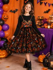 Girls Cute Pumpkin Patchwork Long Sleeve Halloween Dress - Multicolor - View 1