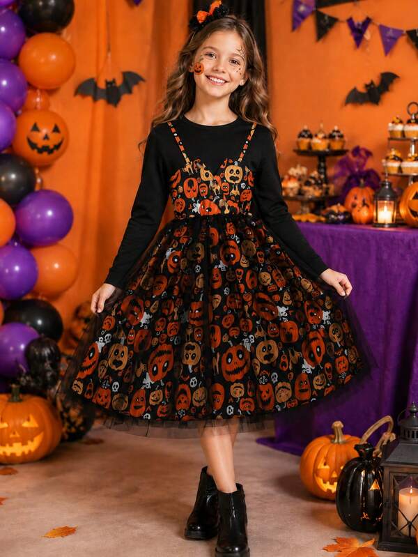 Girls Cute Pumpkin Patchwork Long Sleeve Halloween Dress