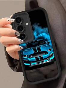 1pc Sky Eye Staircase Night Rush . Blue Flame Stripe Racing Pattern Phone Case, Black Leather Frame Shockproof Soft TPU Protective Cover - Black - View 2
