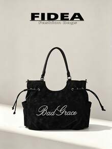 New Women's Matte Embroidered Letter PU Tote Bag, Drawstring Shoulder Large Capacity Commuter Underarm Bag, Casual Daily Work Versatile Handbag Crossbody Bag - Black - View 1