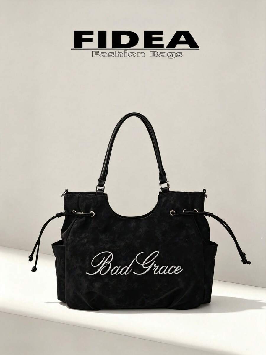 New Women's Matte Embroidered Letter PU Tote Bag, Drawstring Shoulder Large Capacity Commuter Underarm Bag, Casual Daily Work Versatile Handbag Crossbody Bag - Black - View 1
